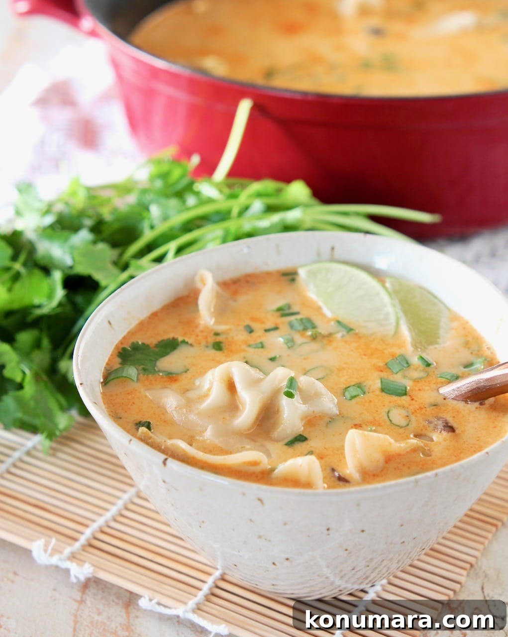 Thai coconut soup with potstickers in bowl, garnished with fresh lime wedge, green onions and cilantro, with copper spoon in bowl and fresh cilantro behind bowl