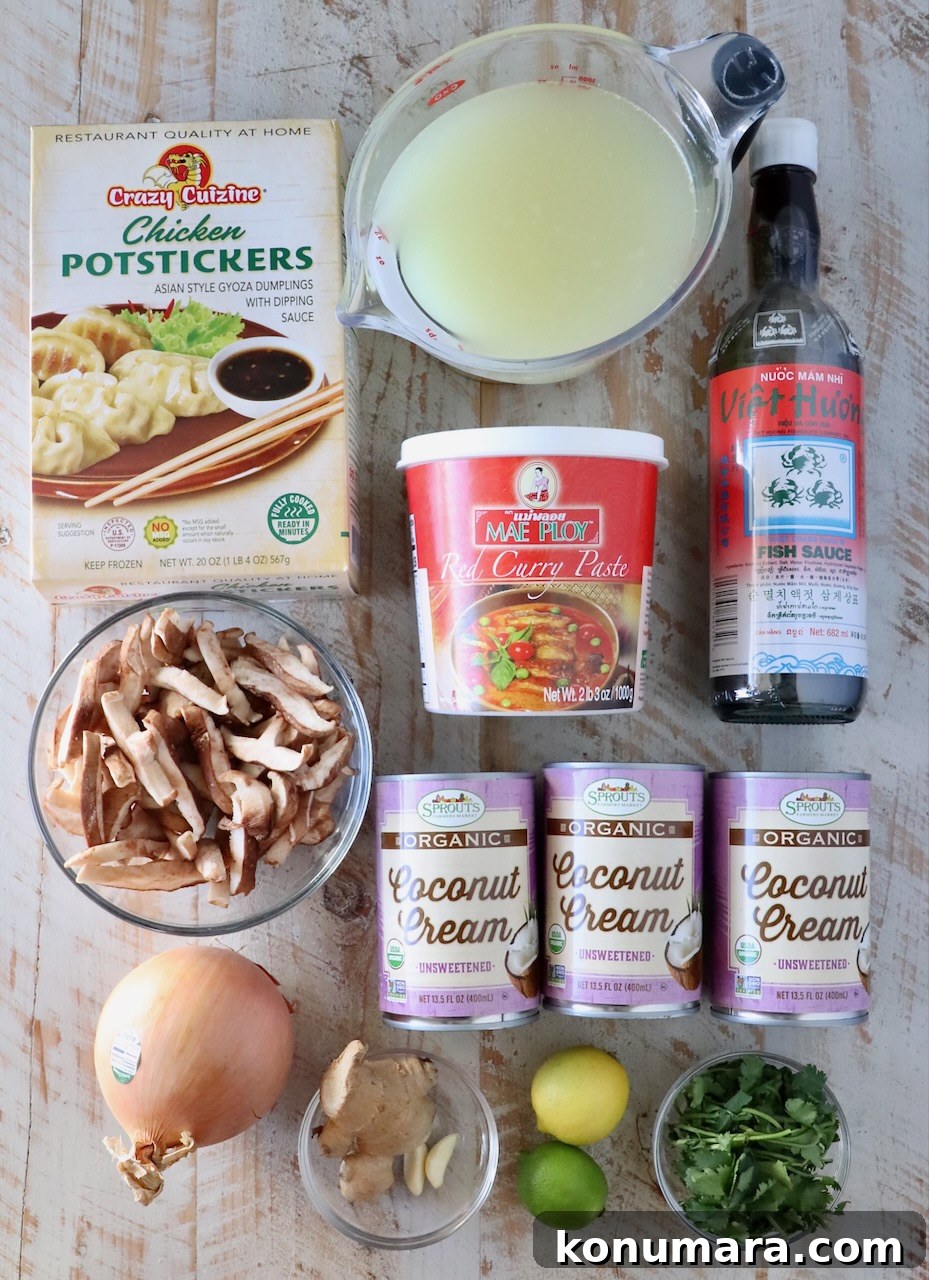 ingredients for Thai coconut potsticker soup on white wood board