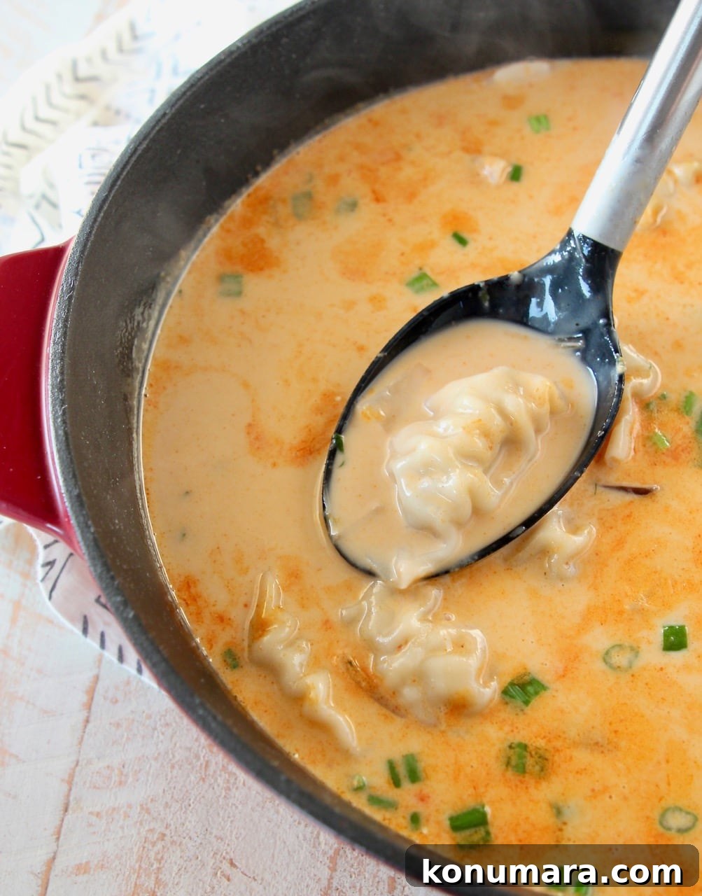 Thai coconut soup with potstickers in large red cast iron pot with spoon coming out of soup holding a potsticker