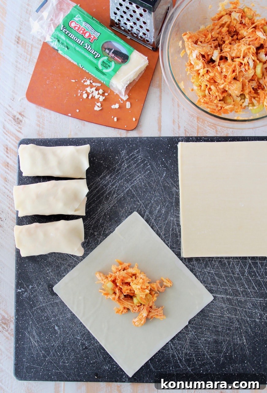 Crispy Buffalo Chicken Egg Rolls Recipe with Blue Cheese Dip 4 Buffalo Chicken Egg Roll preparation
