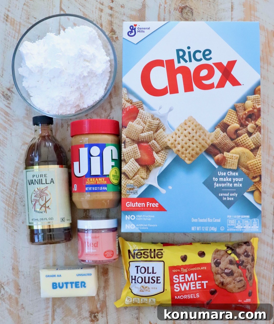 Ingredients for Red Velvet Puppy Chow: Rice Chex, peanut butter, vanilla, powdered sugar, butter, chocolate chips, and red powdered food coloring