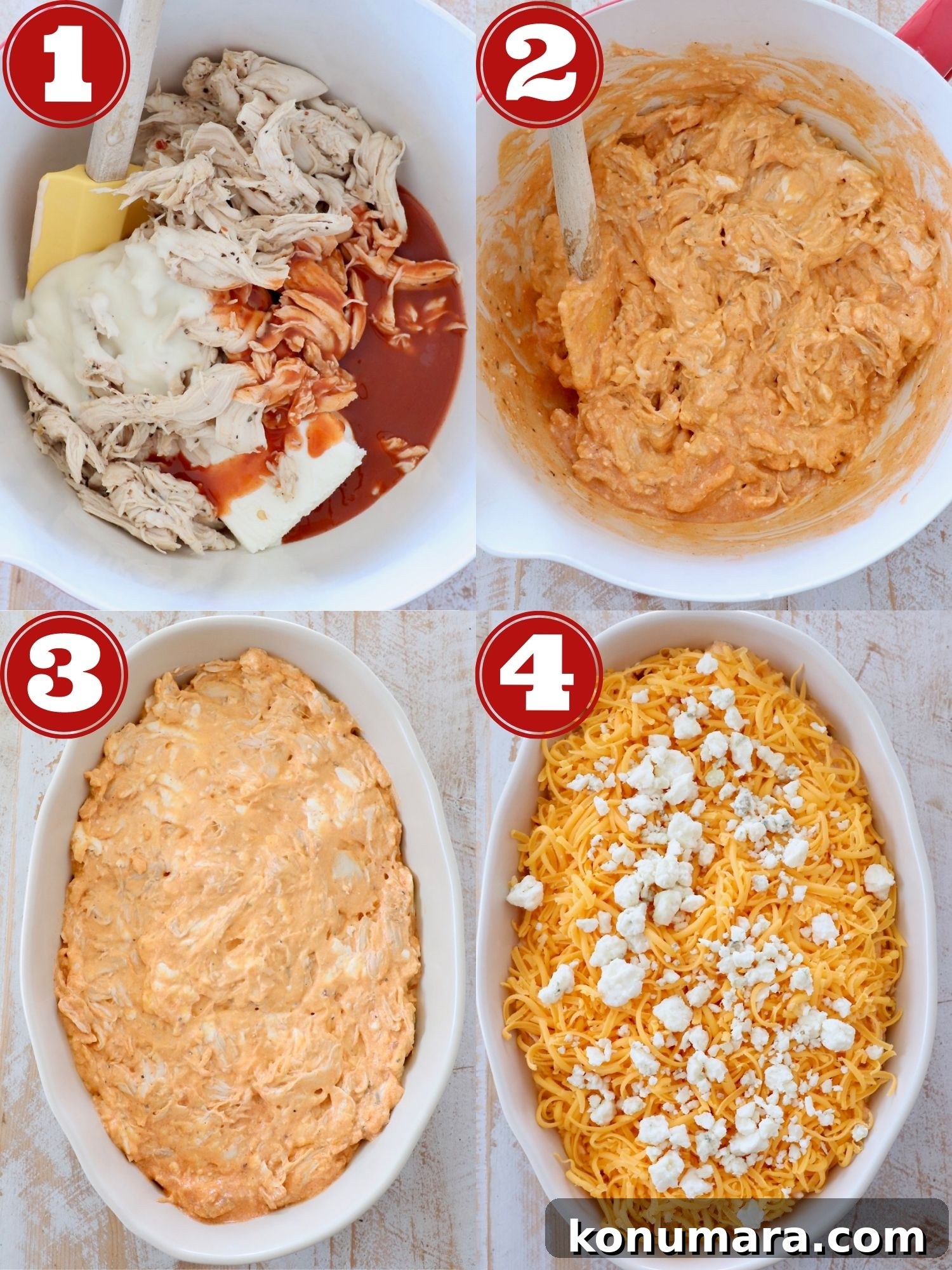 collage of images showing how to make buffalo chicken dip