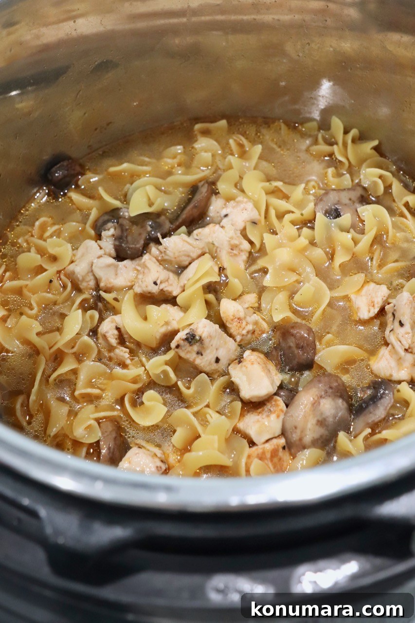 Creamy Instant Pot Chicken Stroganoff Recipe 7 noodles, diced chicken and vegetables in Instant Pot