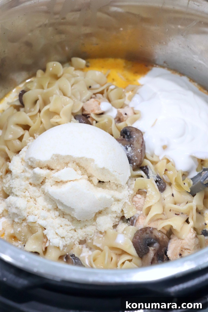Creamy Instant Pot Chicken Stroganoff Recipe 8 chicken stroganoff in Instant Pot with parmesan cheese and sour cream