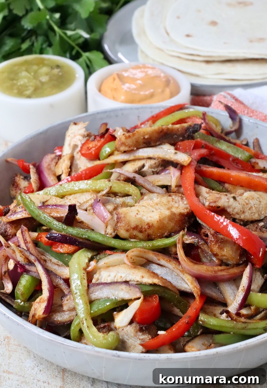 Homemade Fajita Seasoning Mix Recipe 6 cooked chicken fajitas with bell peppers and onions in a bowl