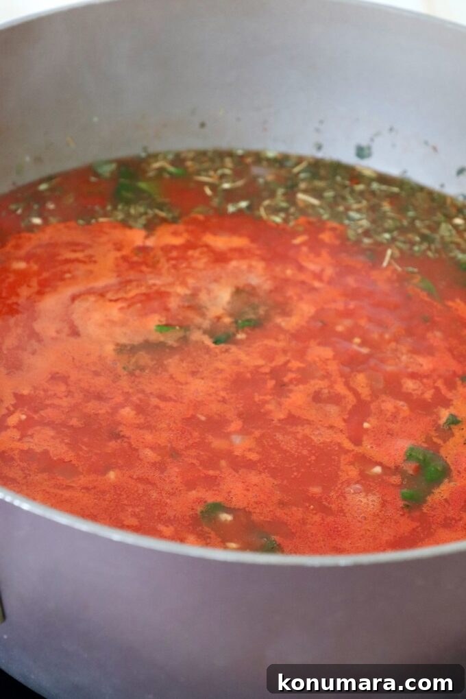 tomato sauce with Italian seasoning simmer in pot on the stove