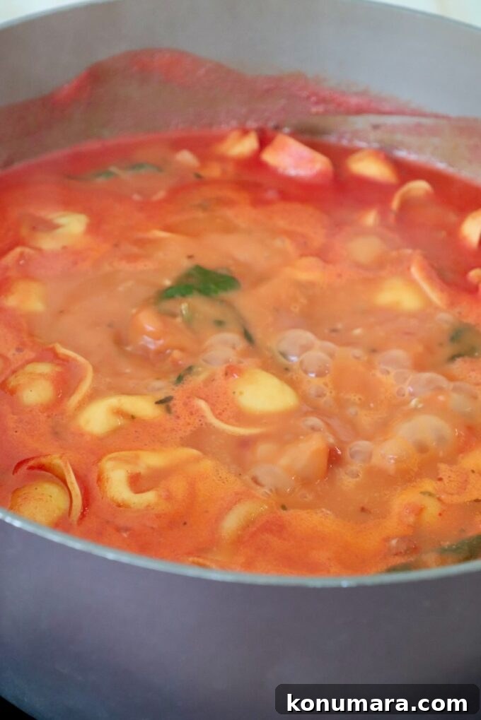 tortellini soup simmering in pot on the stove