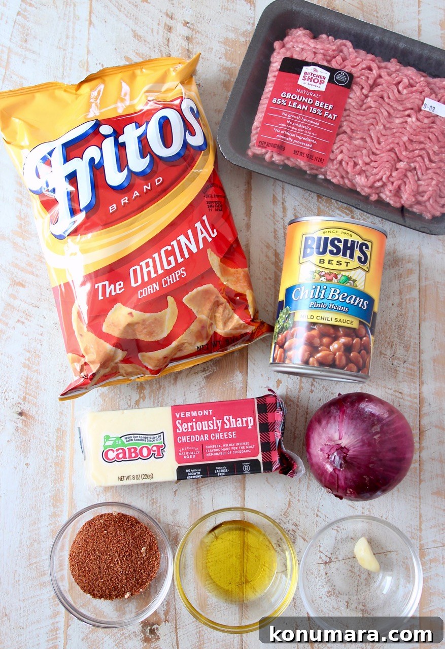 Classic Frito Chili Pie Recipe with Cheesy Corn Chip Topping 3 ingredients for frito pie