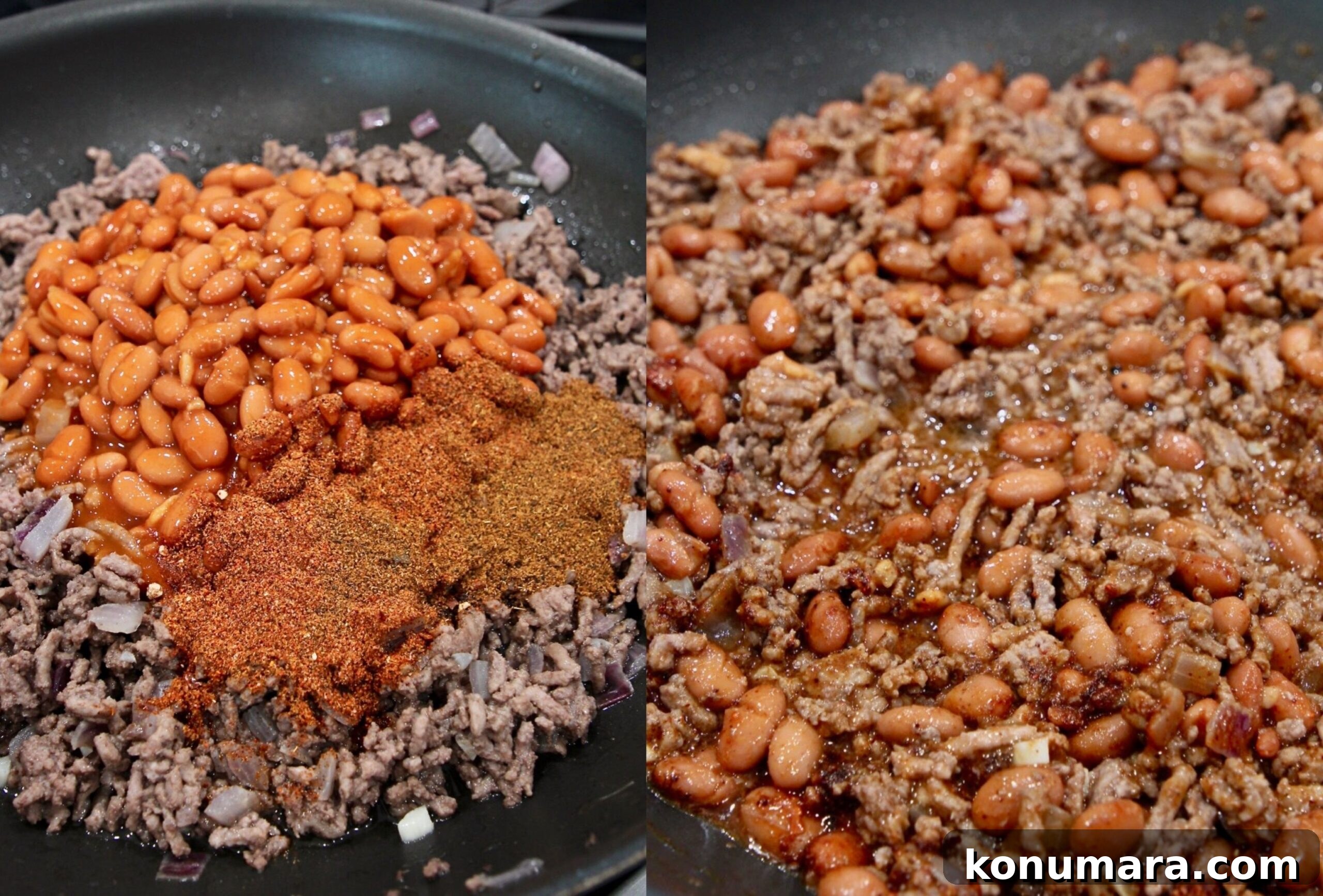 Classic Frito Chili Pie Recipe with Cheesy Corn Chip Topping 4 collage of images showing how to make chili on the stove