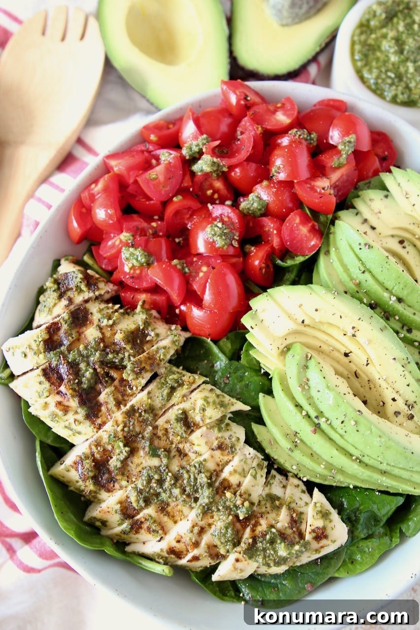Grilled Chicken and Avocado Pesto Salad 2 Sliced pesto chicken, sliced avocado and diced cherry tomatoes on top of spinach salad in bowl