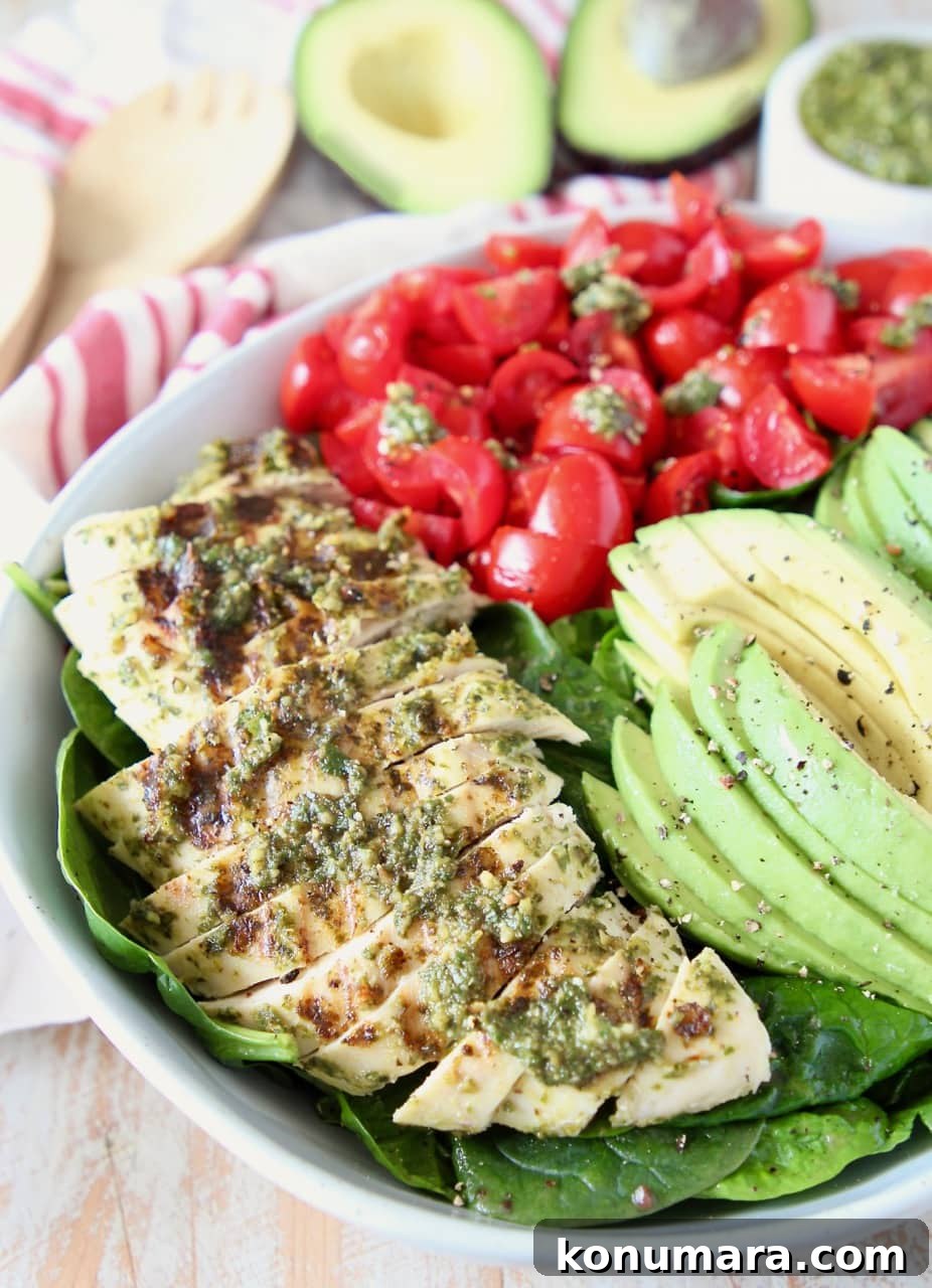 Grilled Chicken and Avocado Pesto Salad 3 Sliced pesto chicken, avocado and tomatoes on top of a spinach salad in a bowl