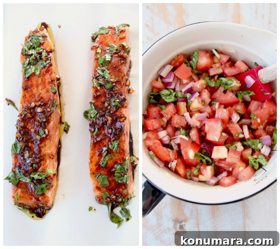 Grilled Salmon with Tomato Bruschetta 3 Overhead shot of balsamic glazed salmon on parchment paper, next to image of tomato basil bruschetta in a bowl