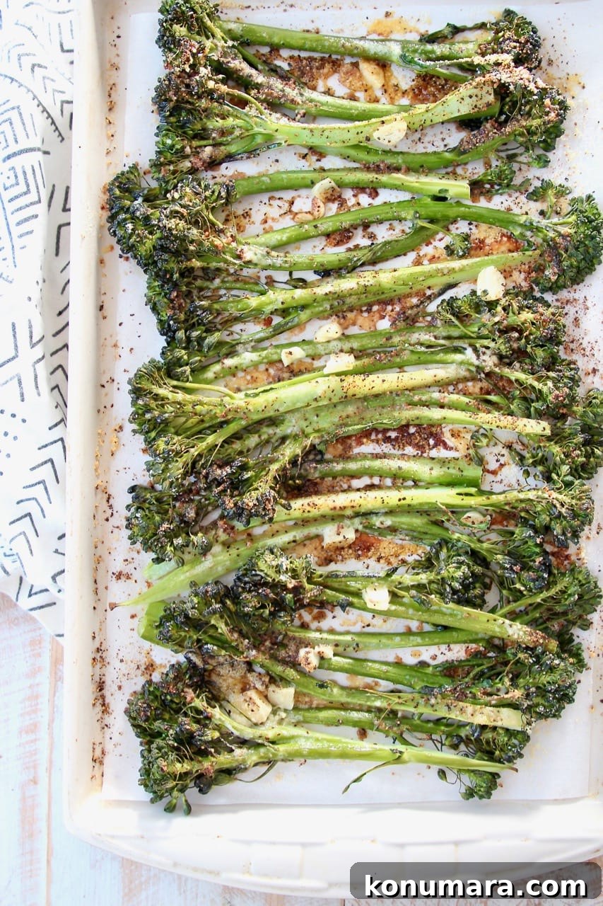 Roasted broccolini on baking sheet