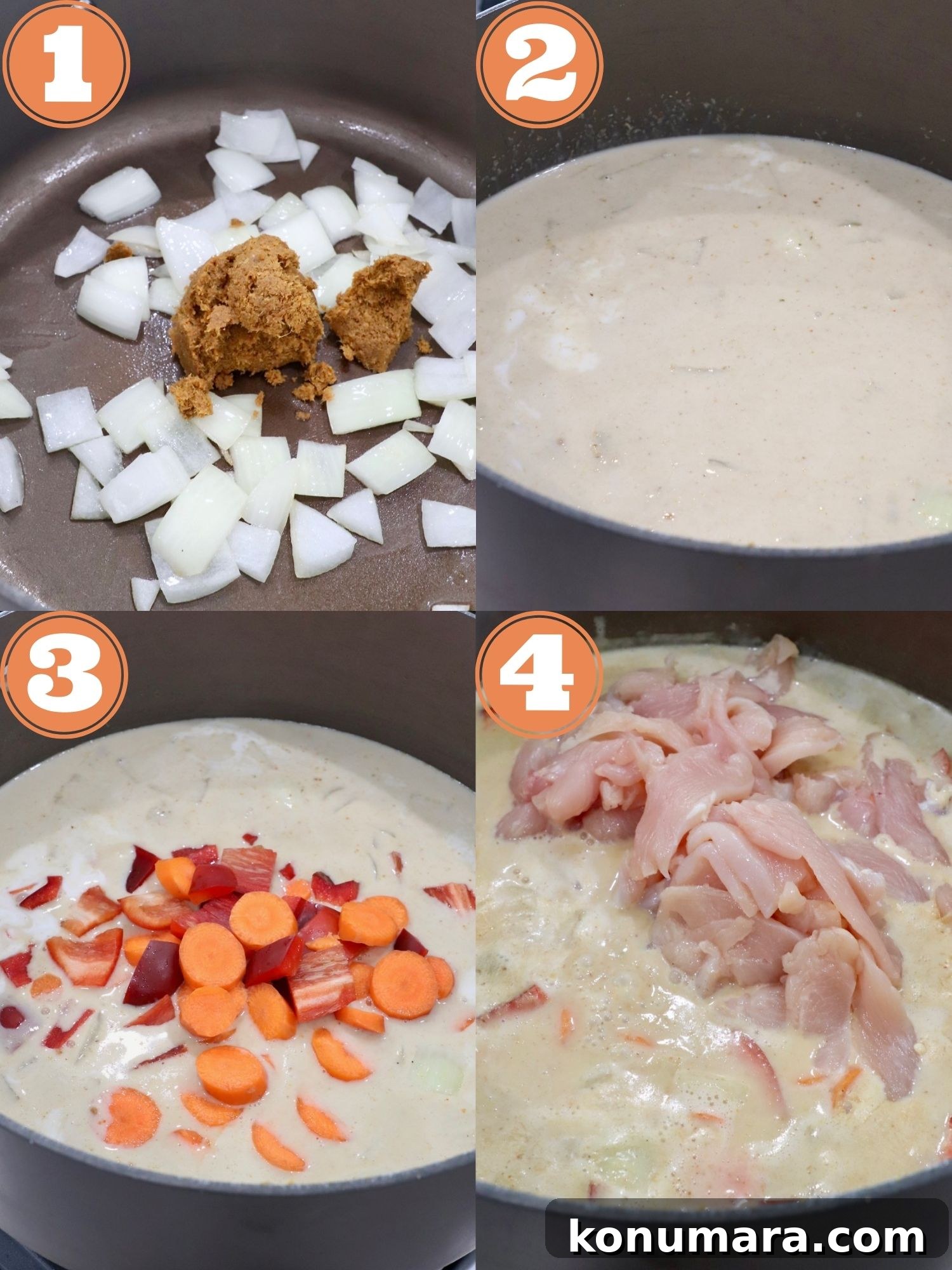 Authentic Thai Yellow Curry Recipe with Coconut Milk 6 collage of images showing how to make yellow curry
