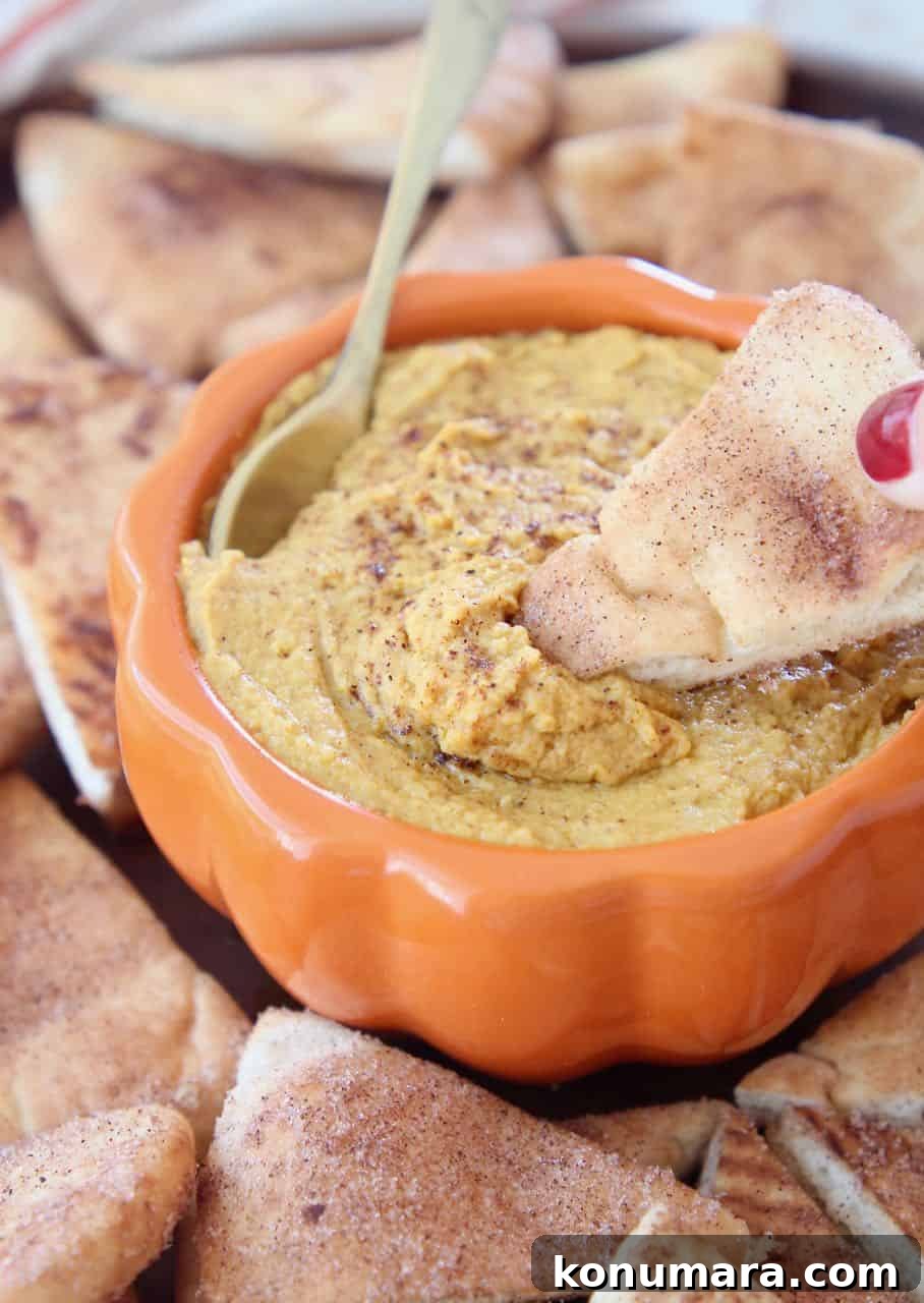 Creamy Pumpkin Hummus with Cinnamon Sugar Pita Chips 2 Pumpkin hummus in orange bowl with pita chip being dipped in the hummus