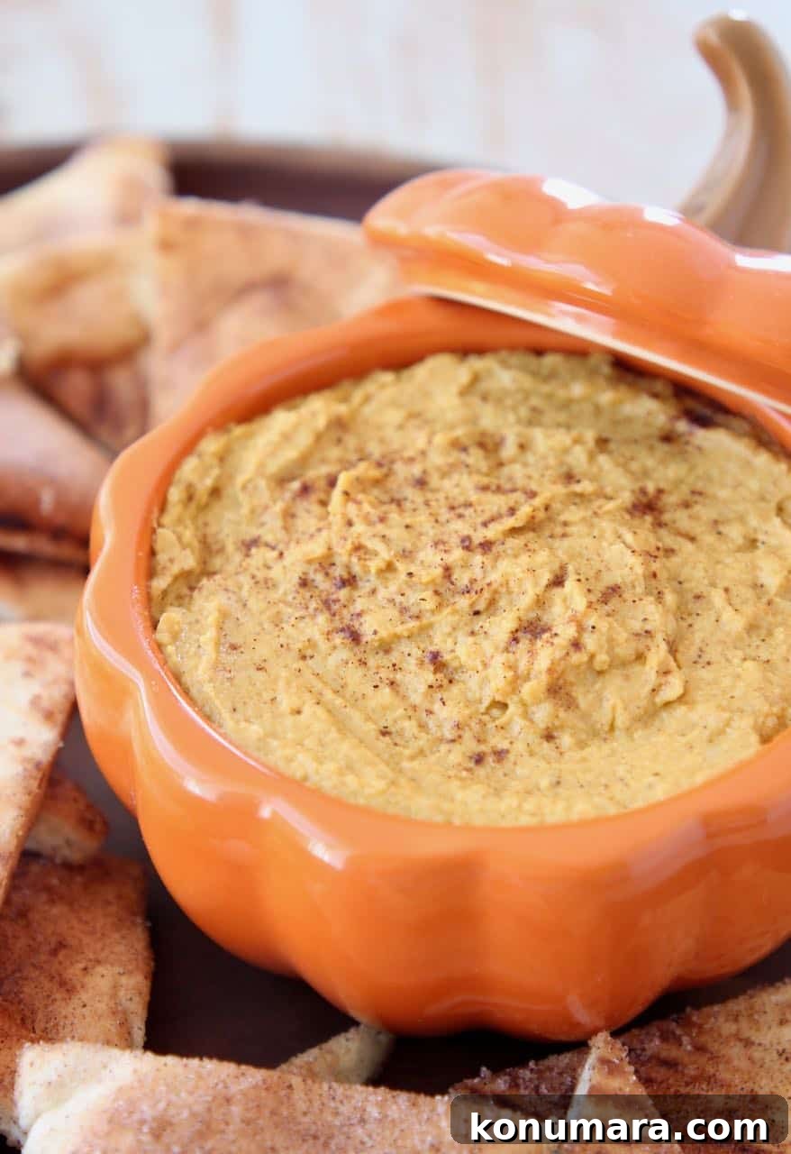 Creamy Pumpkin Hummus with Cinnamon Sugar Pita Chips 3 Pumpkin hummus in orange pumpkin serving bowl