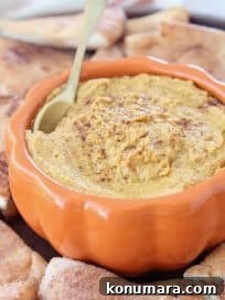 Creamy Pumpkin Hummus with Cinnamon Sugar Pita Chips 5 Pumpkin hummus in orange bowl with gold spoon