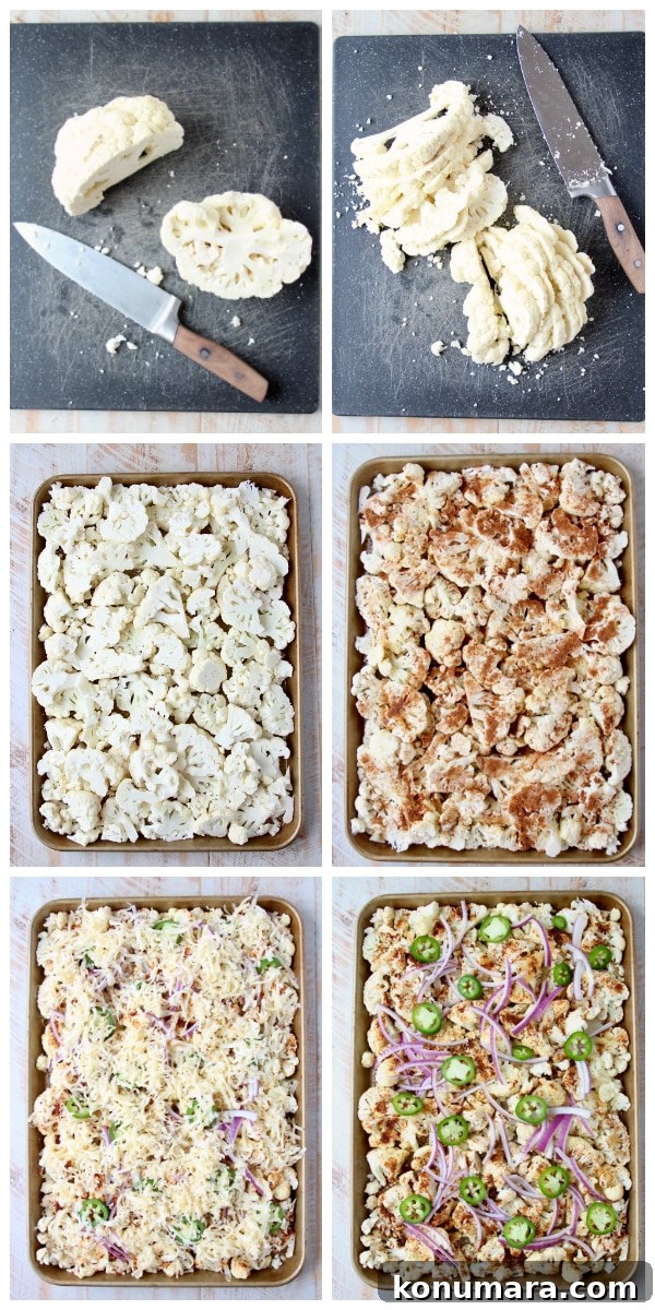 Instructional images for how to make cauliflower nachos