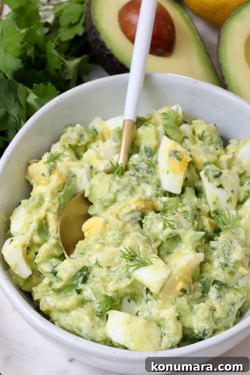 avocado egg salad in a bowl with a spoon