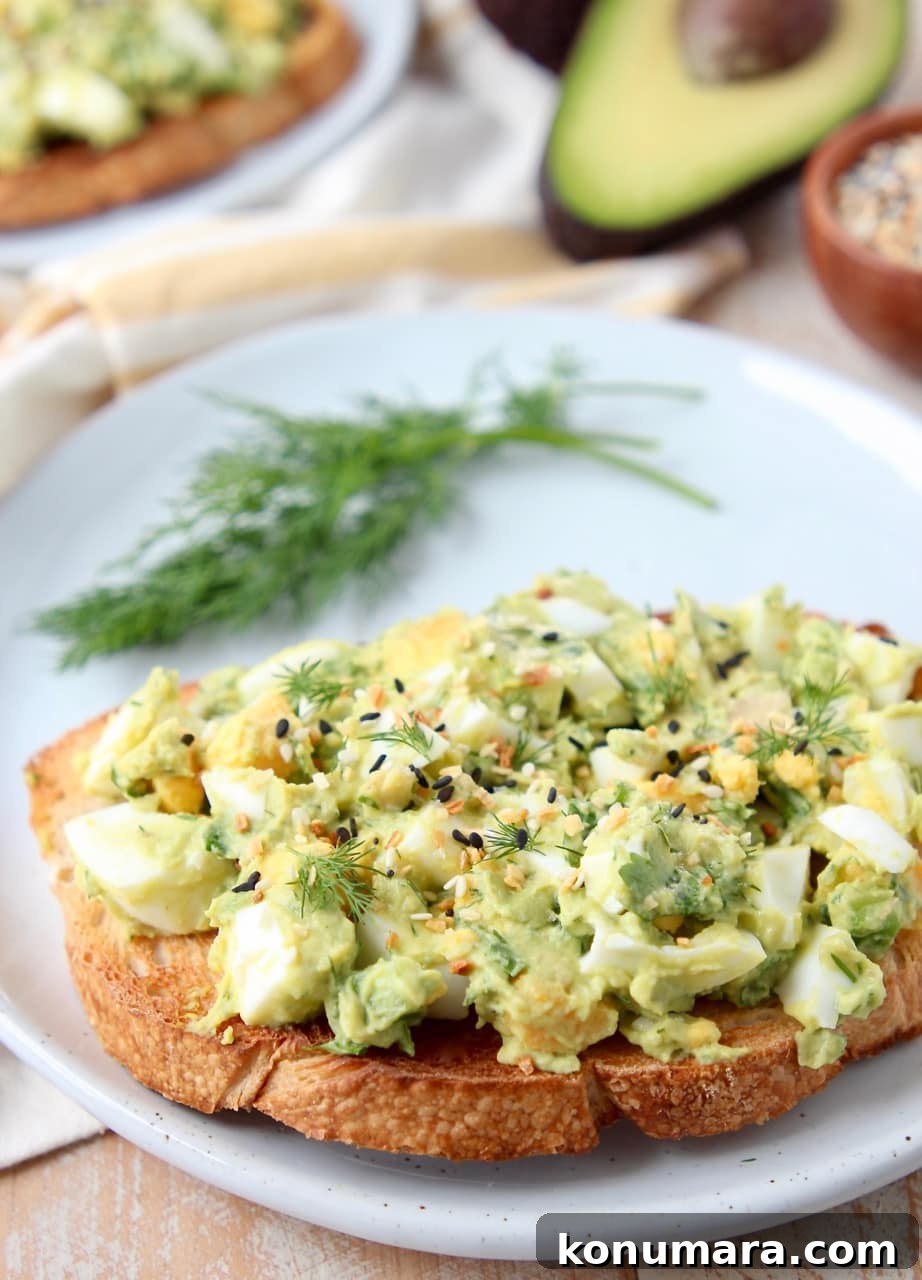 Avocado egg salad on toasted sourdough bread with fresh dill on white plate