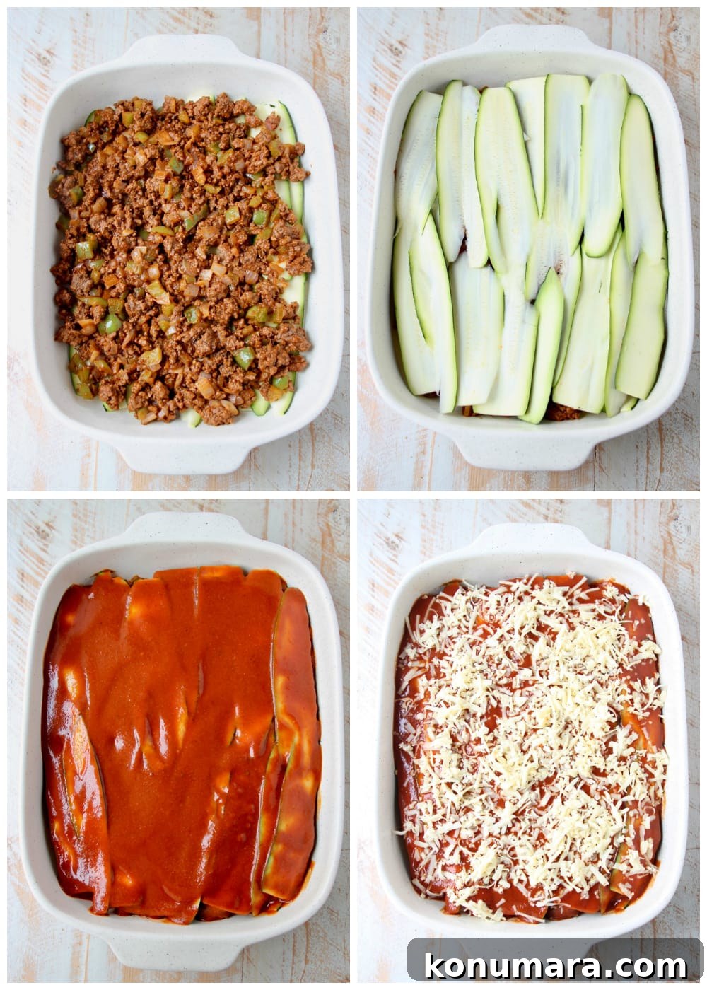 Instructional images of how to make low carb zucchini enchiladas with ground beef and red sauce