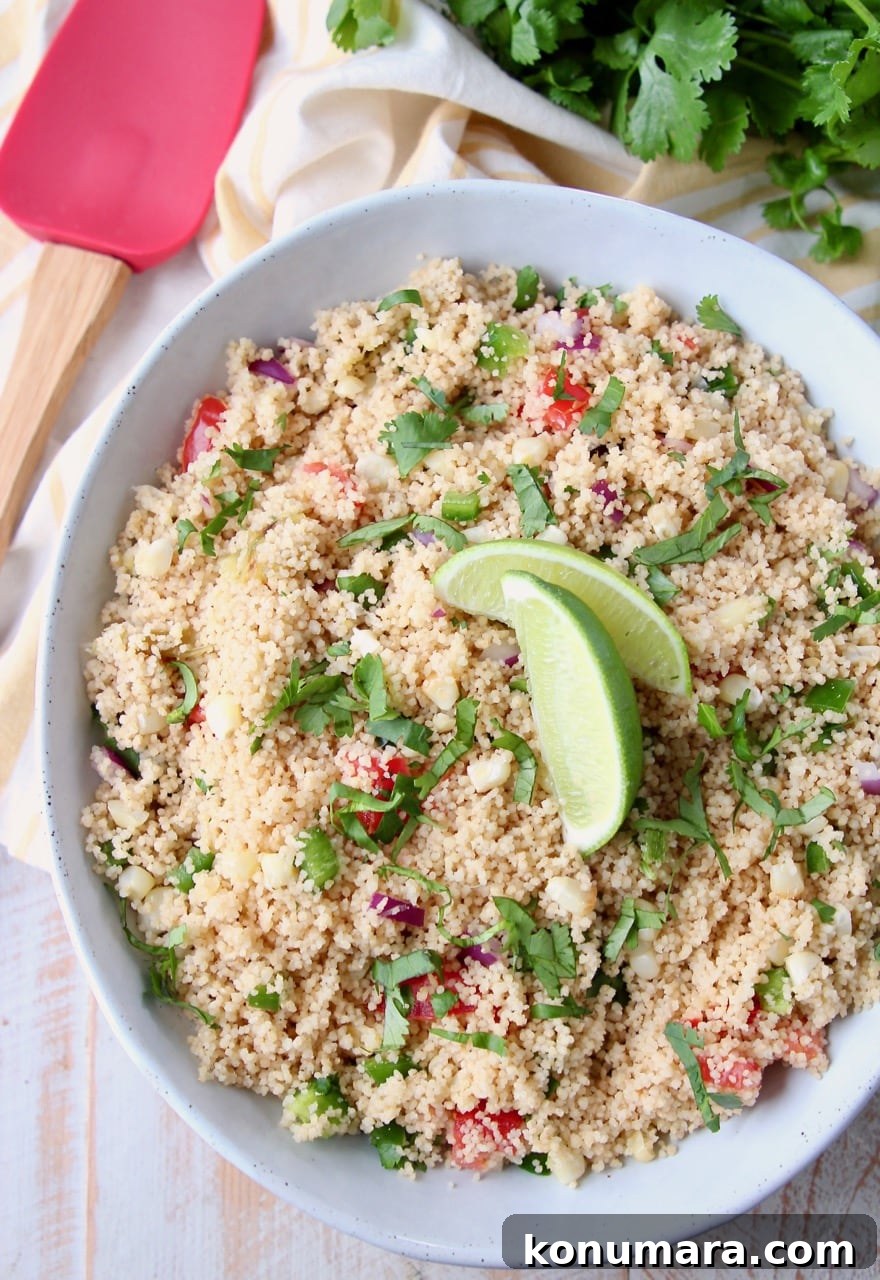 Roasted Tomatillo and Corn Couscous Recipe 4 Mexican couscous in white bowl with lime wedges on top