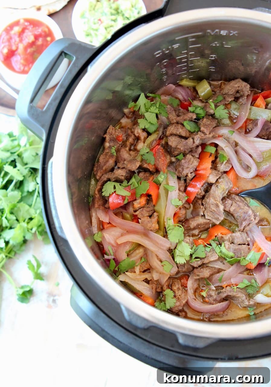 Steak and vegetable fajitas in instant pot with fresh cilantro