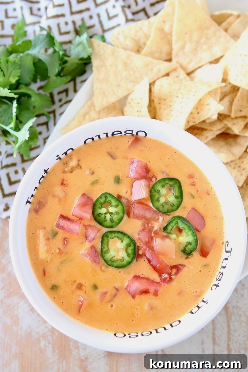 Queso dip in white bowl topped with diced tomatoes and jalapeno slices