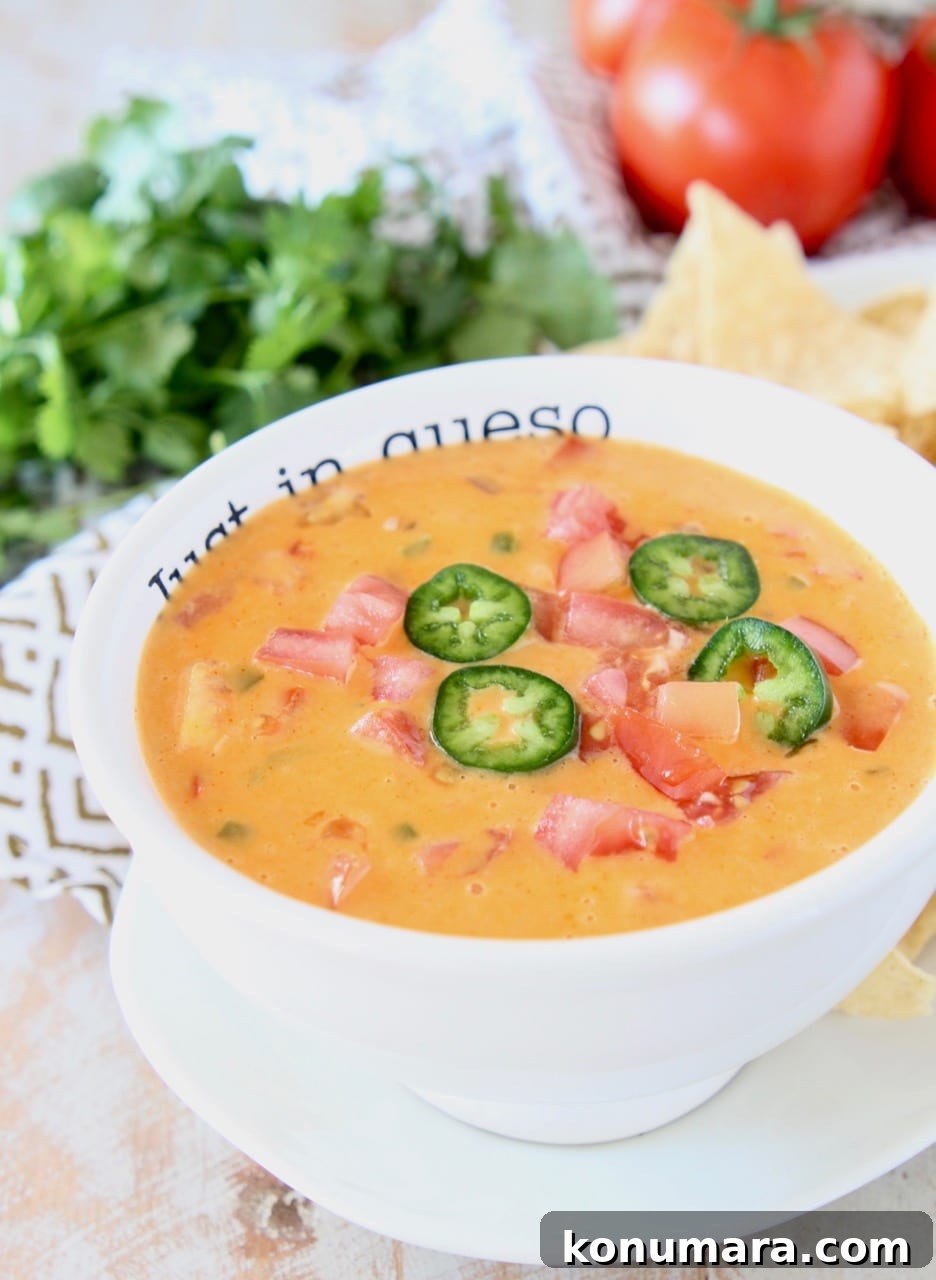 Queso in white bowl topped with diced tomatoes and sliced jalapenos