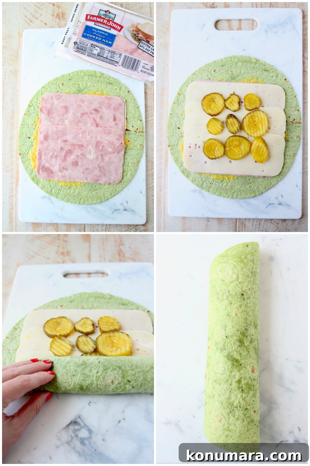 Cuban sandwich pinwheel recipe instructional images