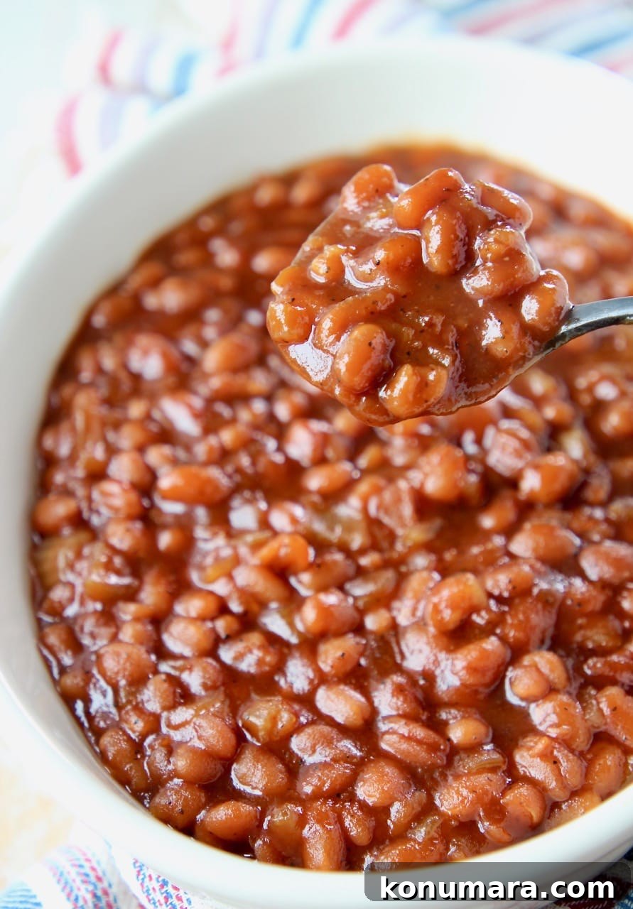 Dad's Signature Smoky BBQ Baked Beans Recipe 5 Baked beans in bowl with spoon of beans lifted out of the bowl