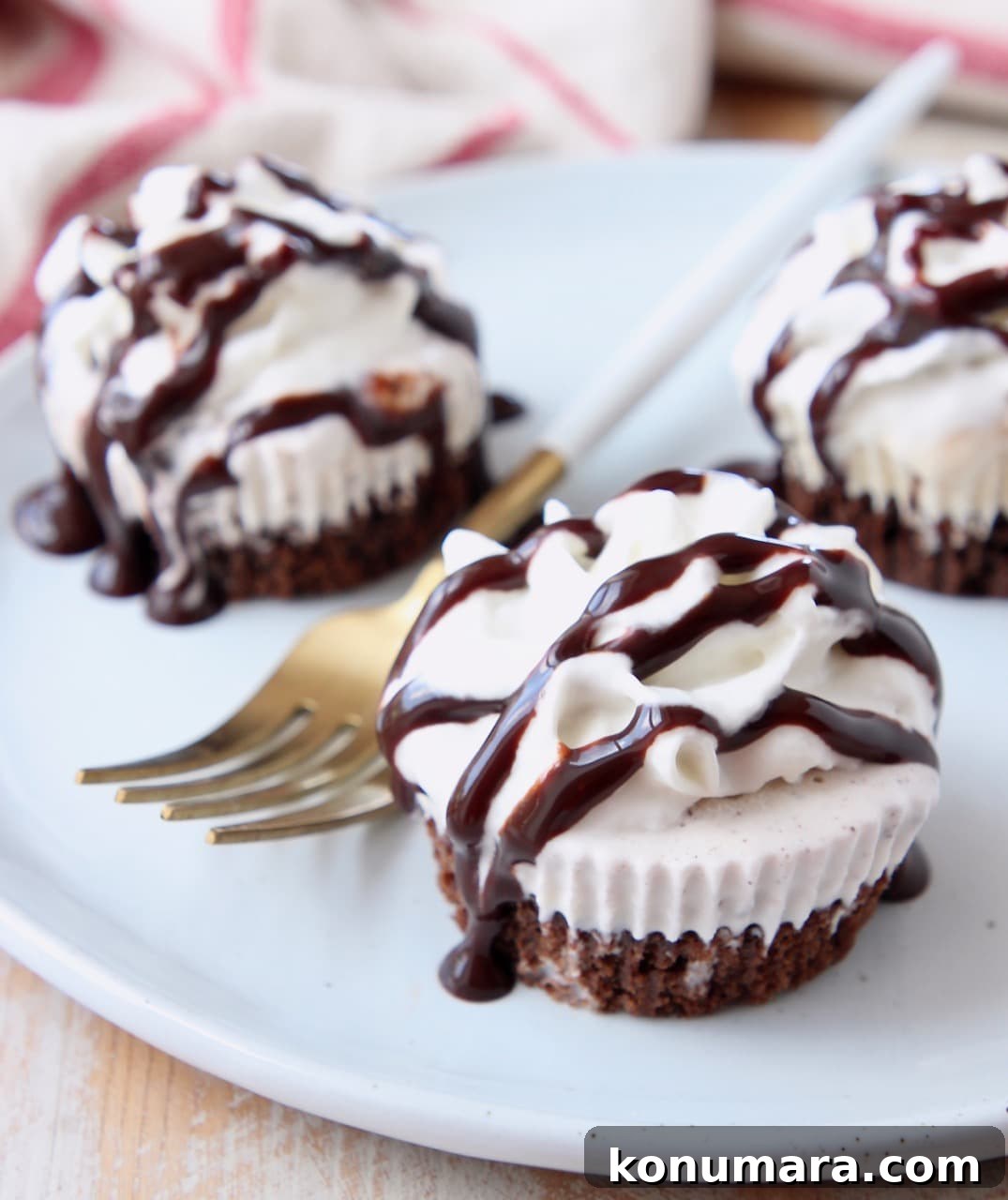 Mini Ice Cream Cake Recipes for Summer Parties 2 Mini chocolate ice cream cakes on a plate topped with chocolate syrup