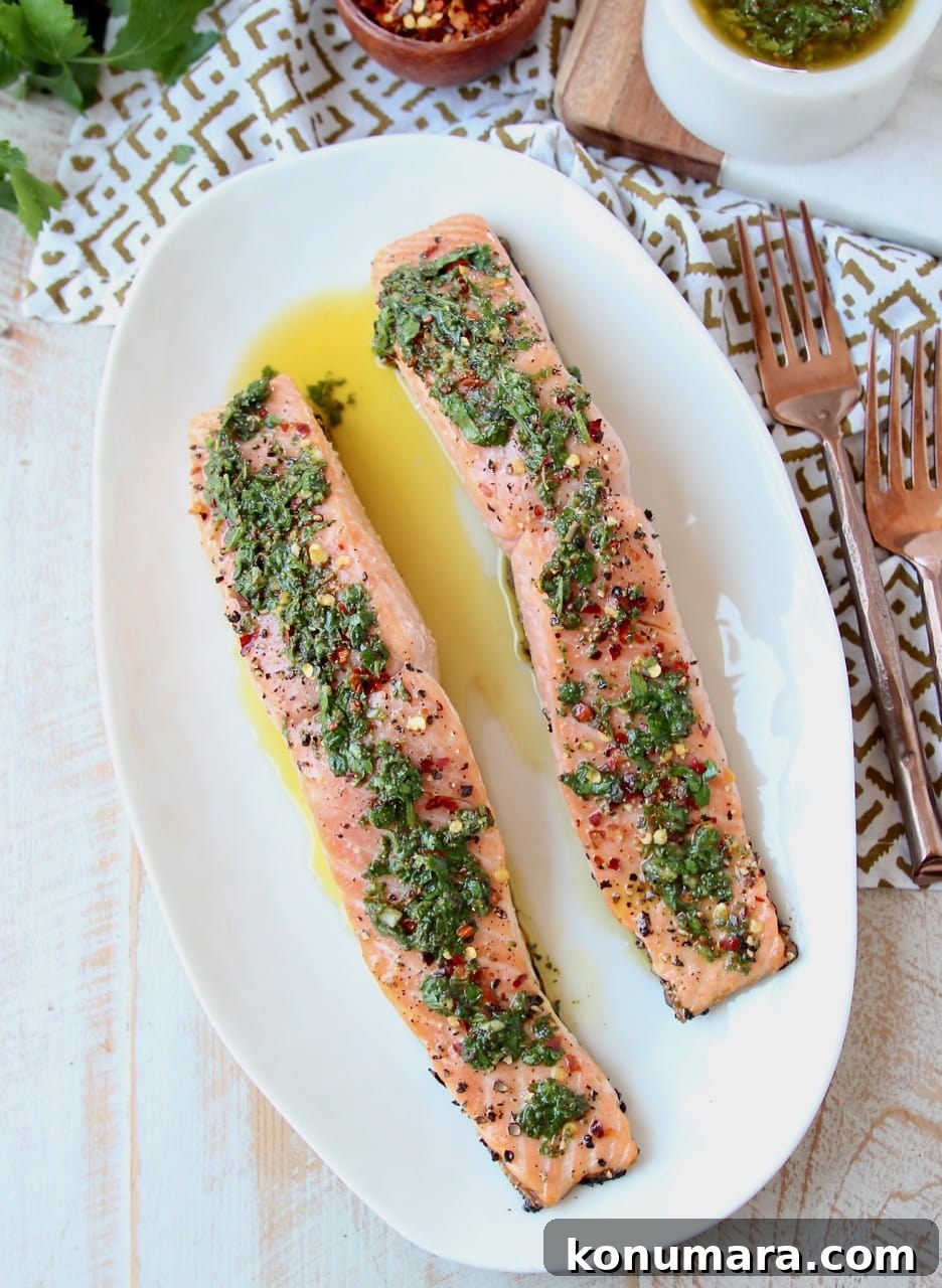 Overhead shot of two salmon filets on a plate topped with chimichurri sauce