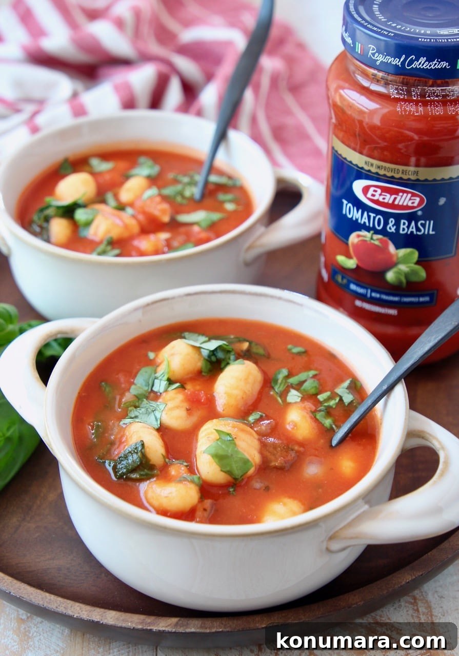Creamy Tomato Basil Gnocchi Soup Recipe 2 Gnocchi soup in white crocks with spoons