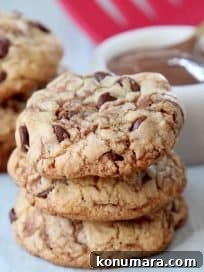 Chewy Nutella Chocolate Chip Cookies 11 Three stacked nutella chocolate chip cookies