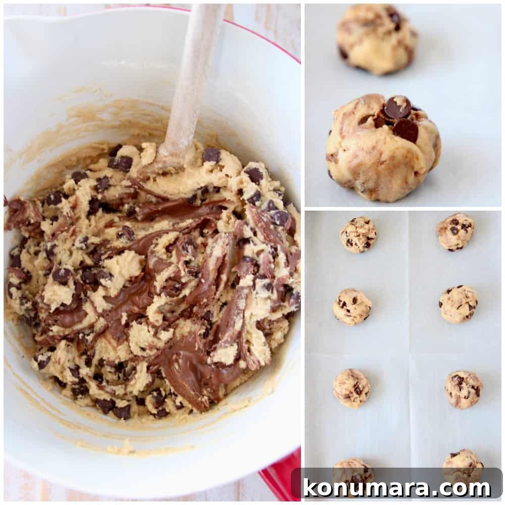 Chewy Nutella Chocolate Chip Cookies 5 Collage of images showing how to make nutella chocolate chip cookies