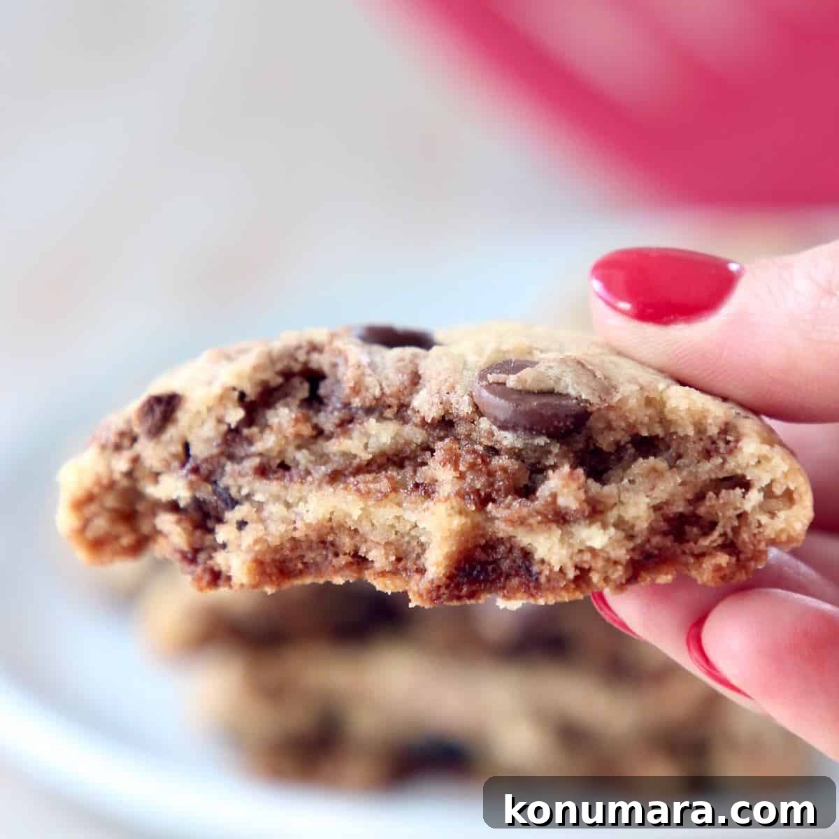 Chewy Nutella Chocolate Chip Cookies 6 Hand holding half of a nutella chocolate chip cookie