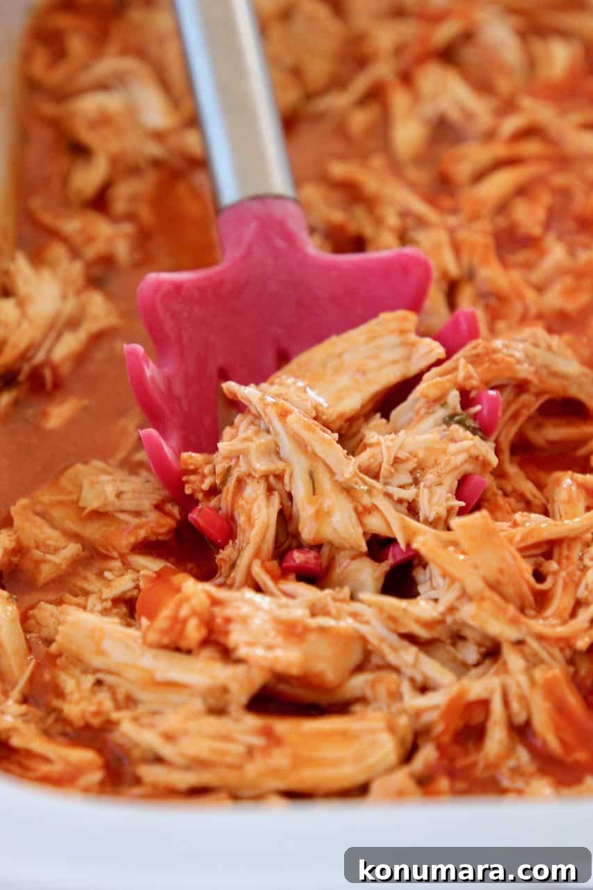 Slow Cooker Buffalo Chicken Recipe 2 Shredded buffalo chicken in crock pot with red spoon