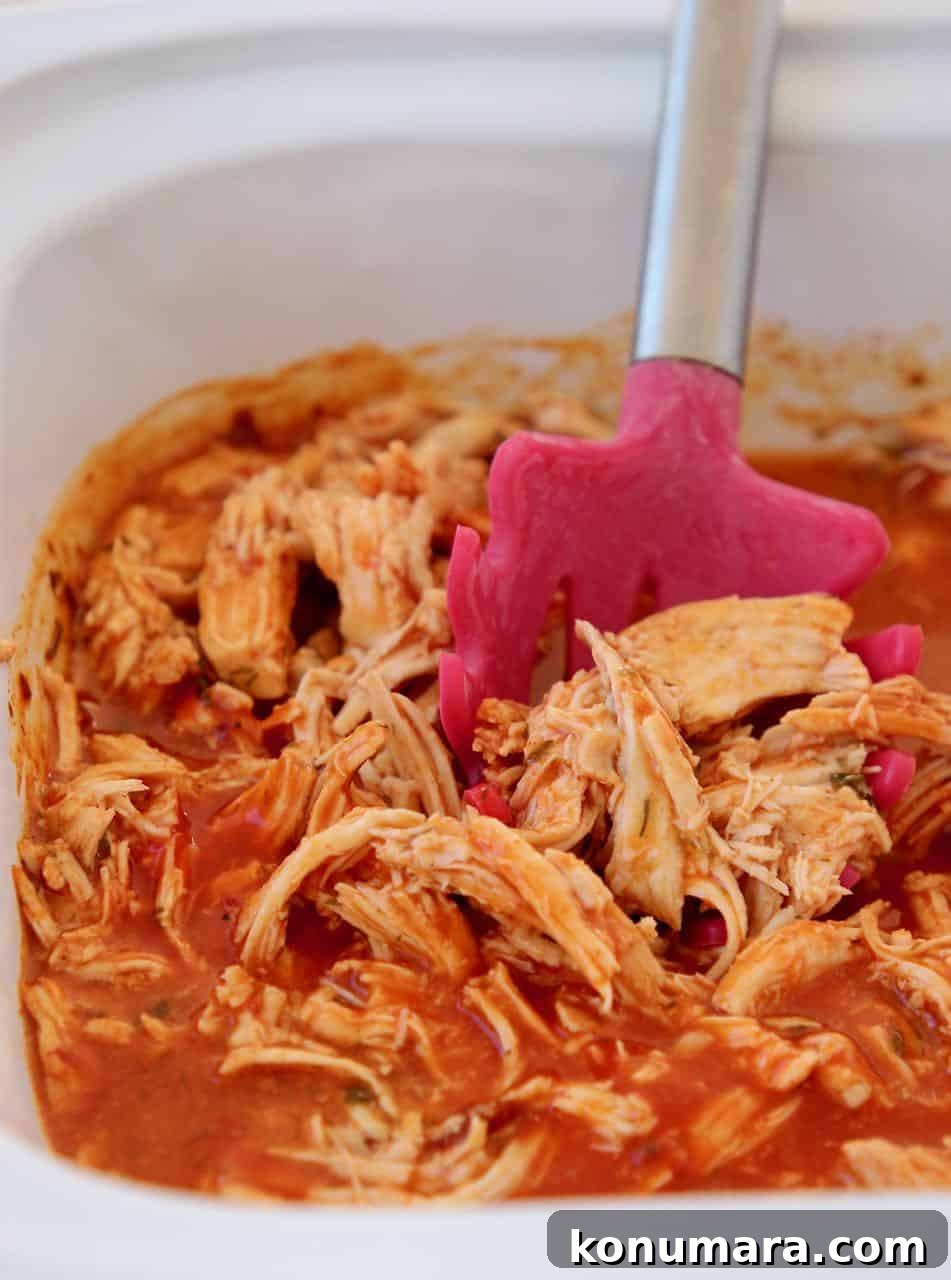 Slow Cooker Buffalo Chicken Recipe 11 Shredded buffalo chicken in crock pot with red slotted serving spoon