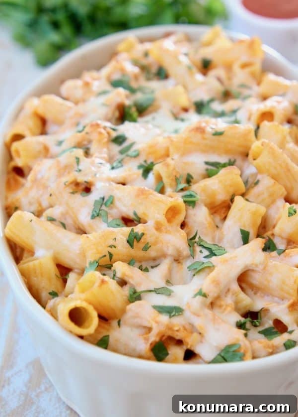 Slow Cooker Buffalo Chicken Recipe 6 Baked rigatoni with cheese in casserole dish