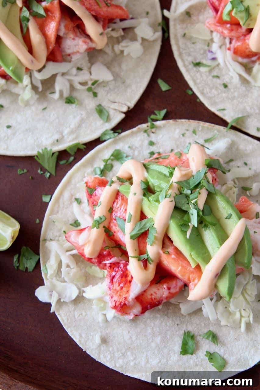 Lobster tacos on wood serving tray