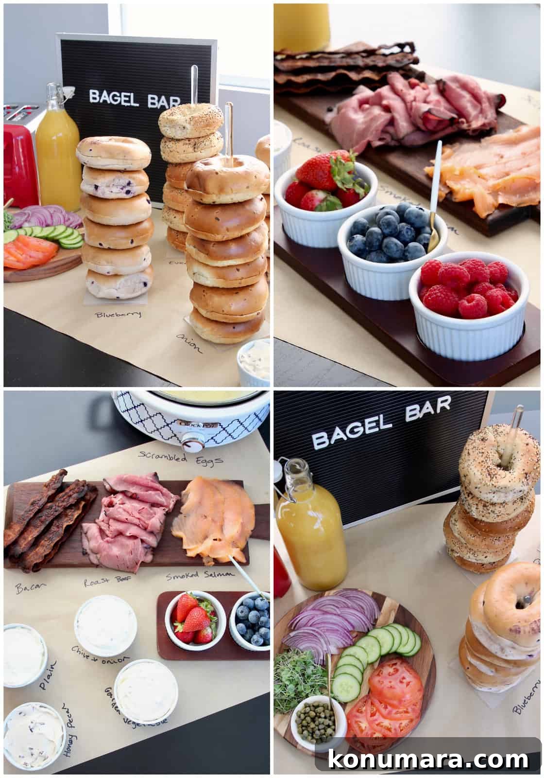 How to Set Up a DIY Bagel Bar for Brunch 3 Collage of images of a bagel bar setup