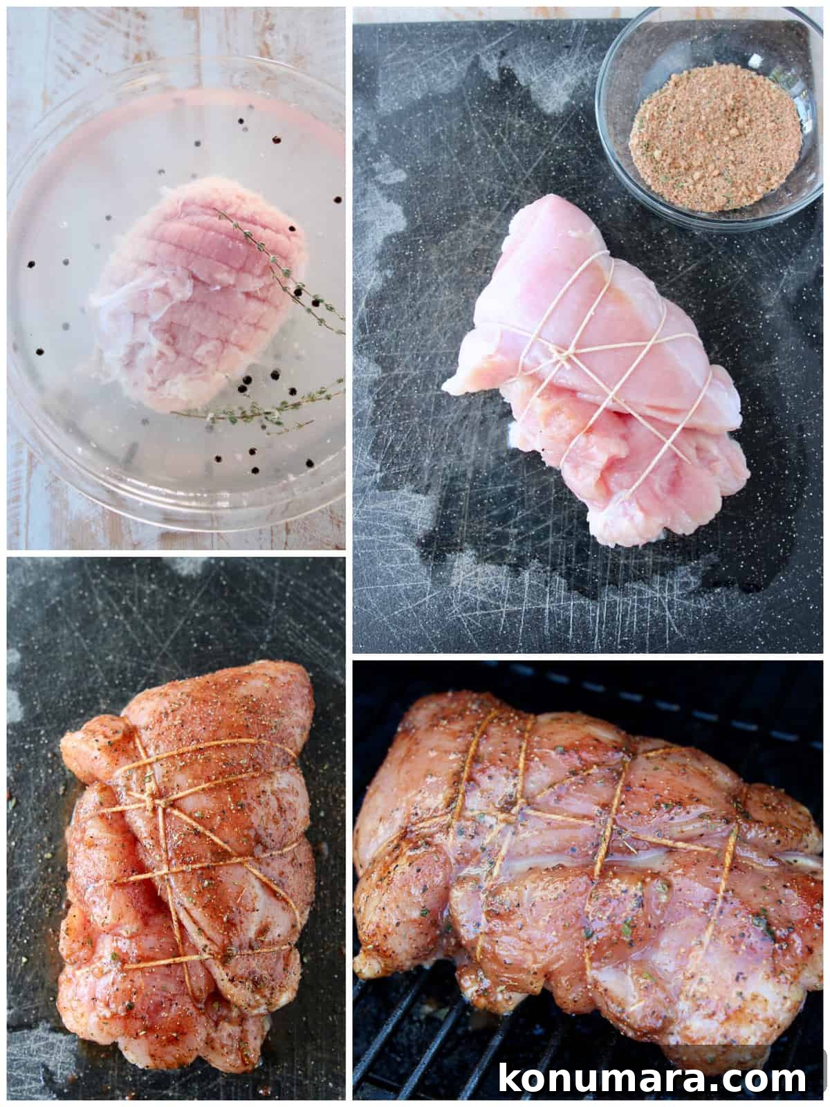 Collage of images showing how to brine, rub and smoke a turkey breast