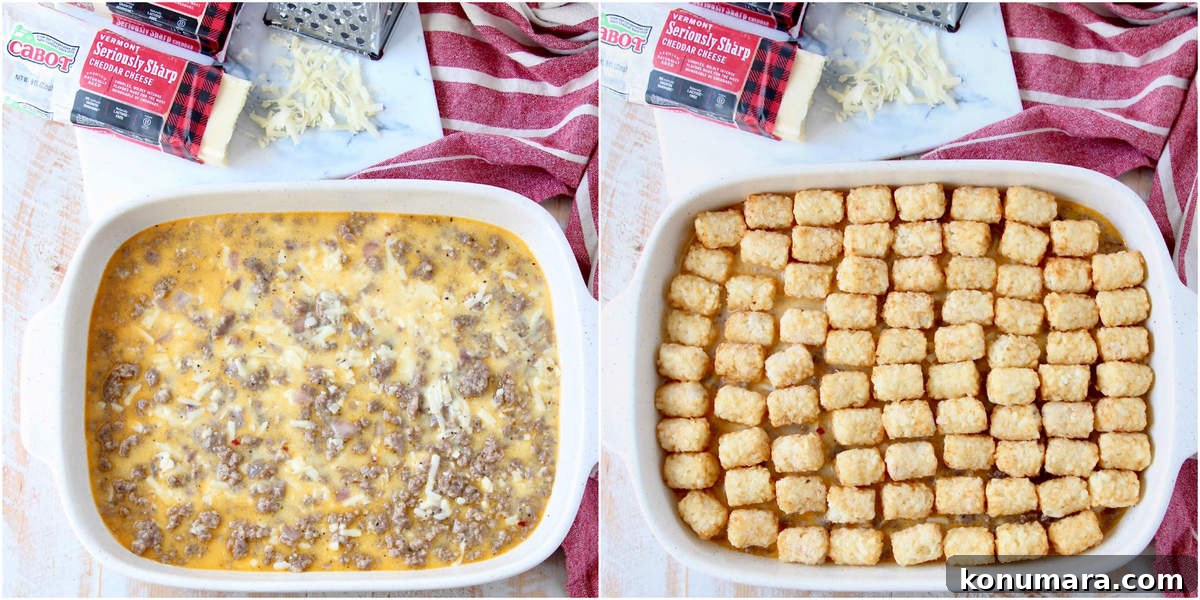 Instructional images for how to make a Tater Tot Breakfast Casserole