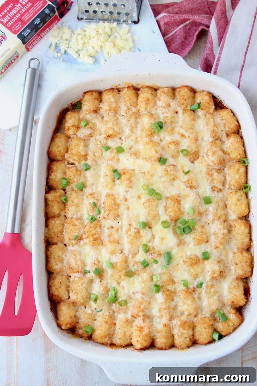 Tater tot casserole in baking dish