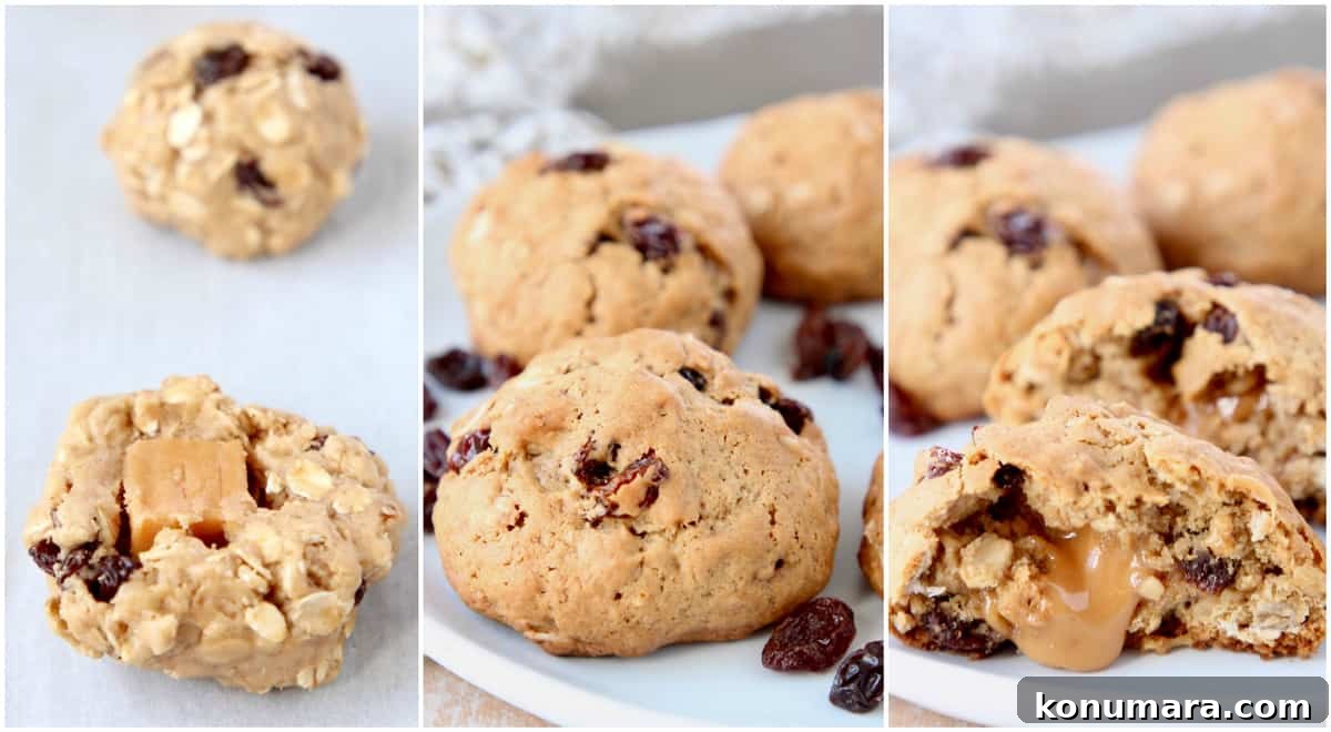 Collage of images showing how to make caramel filled oatmeal raisin cookies