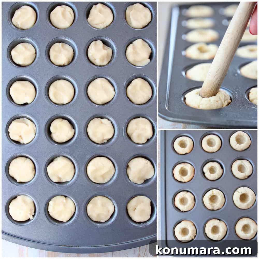 Collage of images showing how to make sugar cookie cups in a mini muffin tin