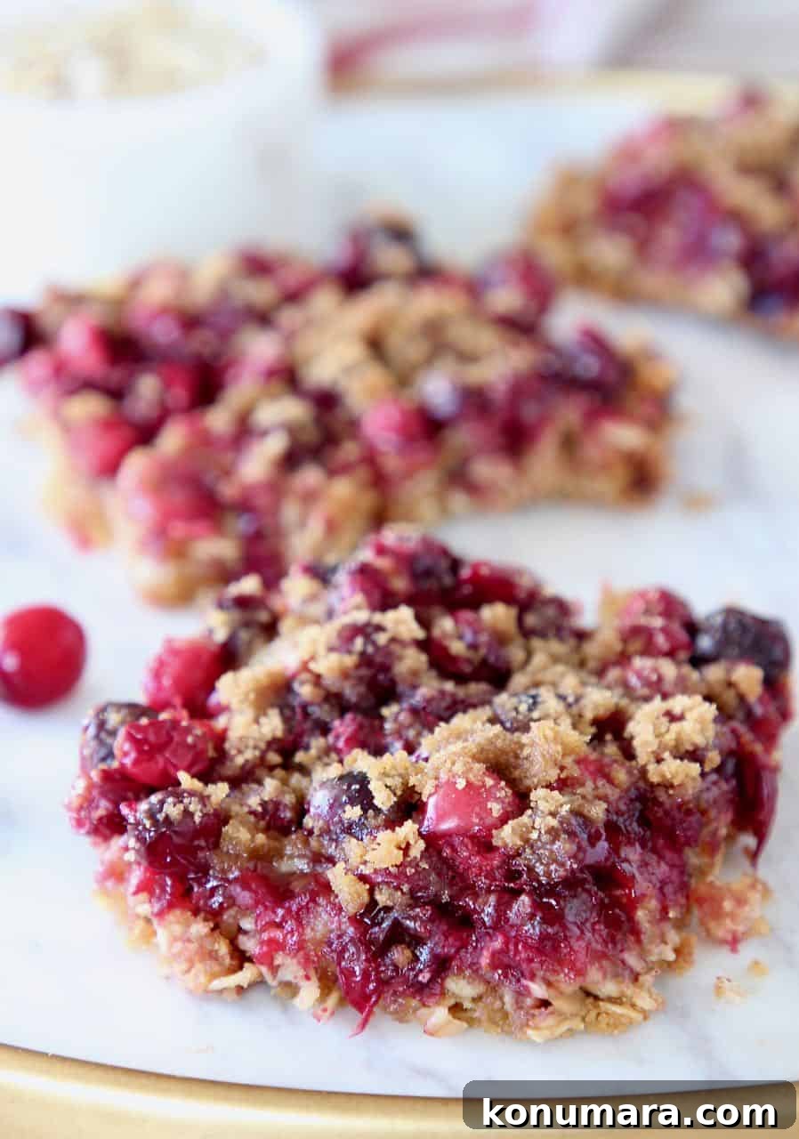 Homemade Oatmeal Cranberry Bars Recipe 2 Oatmeal Cranberry Bars cut into squares on marble serving tray