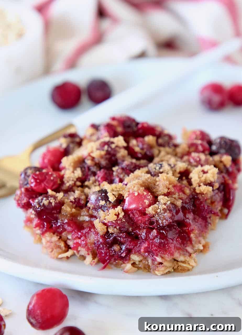 Homemade Oatmeal Cranberry Bars Recipe 5 Oatmeal cranberry bar on plate with fork and fresh cranberries