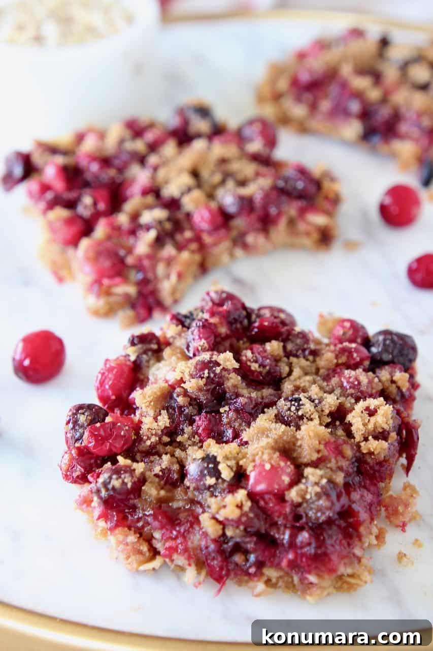Homemade Oatmeal Cranberry Bars Recipe 6 Oatmeal cranberry bars on marble serving tray with fresh cranberries